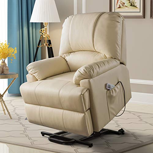 Lovinouse Electric Power Recliner Lift Elderly Pregnantly Chair Sofa with Heat and Massage, Breath Leather Ergonomic Lounge Chairs Up to 331 Lbs with Side Pocket and Remote Controls (Beige)