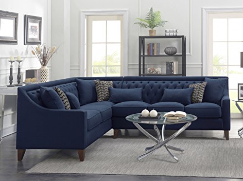 Iconic Home Aberdeen Linen Tufted Down Mix Modern Contemporary Left Facing Sectional Sofa, Navy
