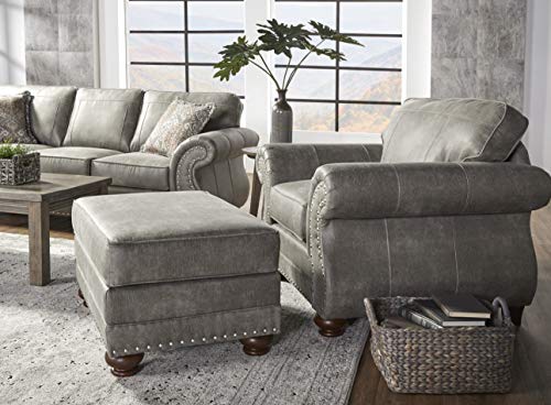 Roundhill Furniture Leinster Faux Leather Upholstered Nailhead Chair and Ottoman, Gray