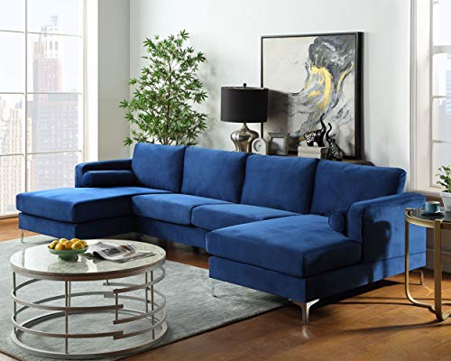 Knowlife Sectional Sofa Modern U-Shaped Upholstered Sofa Velvet Couch with 2 Pillows for Living Room Apartment, Blue