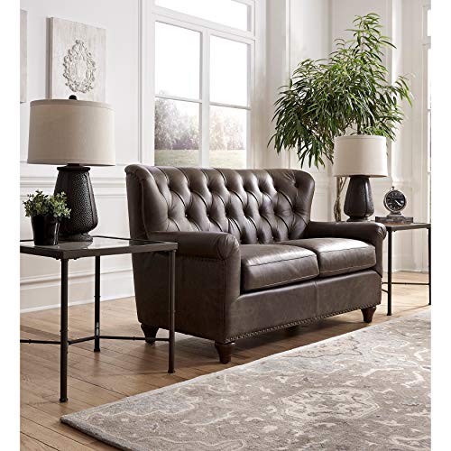 UKN Distressed Brown Tufted Top Grain Leather Loveseat Solid Traditional Transitional Handmade Nailheads Removable Cushions