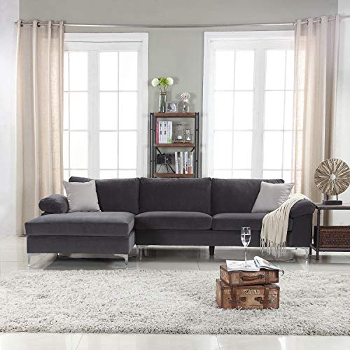 Divano Roma Furniture Modern Large Velvet Fabric Sectional Sofa, L-Shape Couch with Extra Wide Chaise Lounge (Grey)