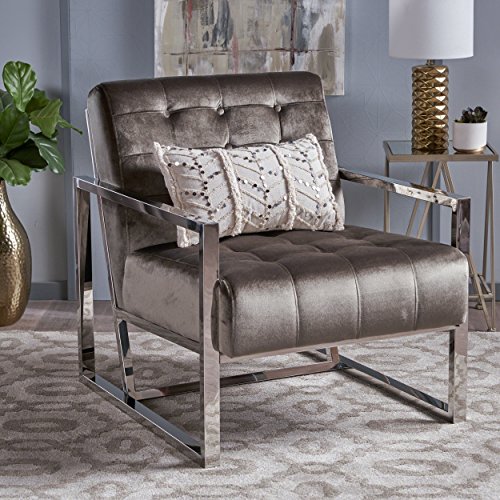 Christopher Knight Home Augusto Modern Tufted Velvet Club Chair with Chrome Finished Stainless Steel Frame, Grey / Chrome