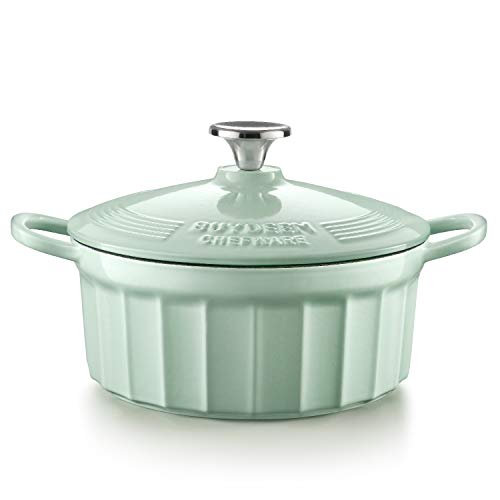 BUYDEEM CP521 3 Quart Dutch Oven, Enameled Cast Iron Dutch Oven with Stylish Cupcake Design, Round French Oven, Perfect for Bread Baking and Serving, Cozy Greenish