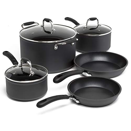 Ecolution Symphony Multipurpose Forged and Stainless Steel Pots and Pans Set, Reinforced Ergonomic Cool-Touch Handles, Dishwasher Safe, Nonstick, Black, 8 Piece, Slate