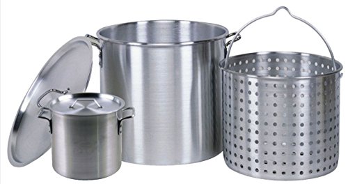 Professional Grade 80 Quart All Purpose Boiling Pot with Basket (3pc) plus a Bonus 12 Quart Stock Pot (2pc) .