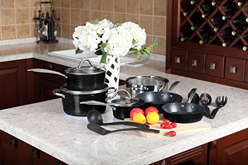 Kitchen Academy Premium Cookware - 15 Piece Interior Granite Pot Pan Set with Triple Coated Nonstick Aluminum Composition for Even Heating, Oven, Stovetop, induction & Dishwasher Safe
