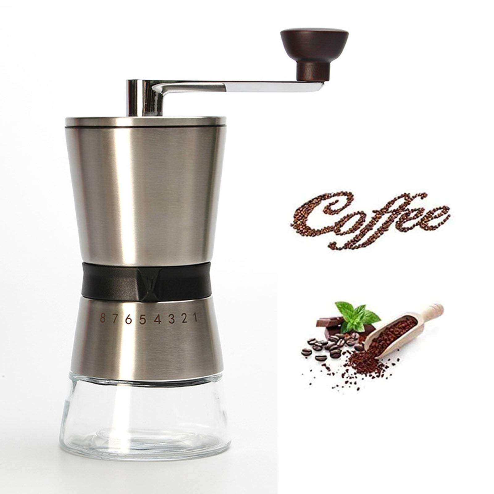 QJJML Manual Coffee Grinder - Hand Coffee Mill with Conical Ceramic Burrs 8 Adjustable Settings - Portable Hand Crank