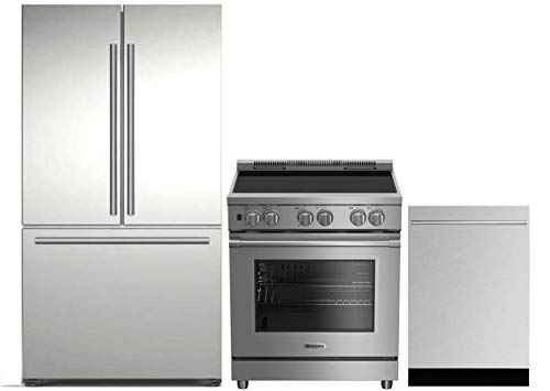 Blomberg 3-Piece Kitchen Appliances Package with BRFD2230SS 36" French Door Refrigerator BIRP34450SS 30" Slide In Electric Range and DWT81800SSIH 24" Built In Fully Integrated Dishwasher in Stainless Steel