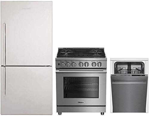 Blomberg 3-Piece Kitchen Appliances Package with BRFB1822SSN 30" Bottom Freezer Refrigerator BDFP34550SS 30" Dual Fuel Gas Range and DWS51500SS 18" Built In Fully Integrated Dishwasher in Stainless Steel