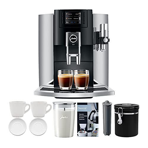 Jura 15271 E8 Smart Espresso Coffee Machine (Chrome) Bundle with Milk Container, Bean Container, Descaler, Filter and 2 Cups (7 Items)
